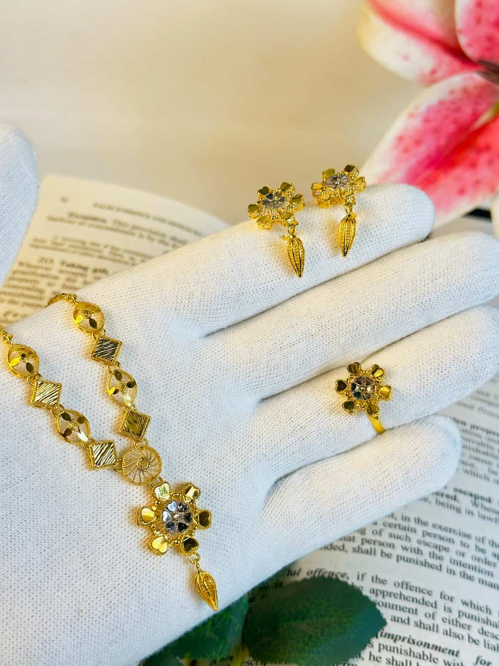 Gold Plated Flower Petal Necklace Set