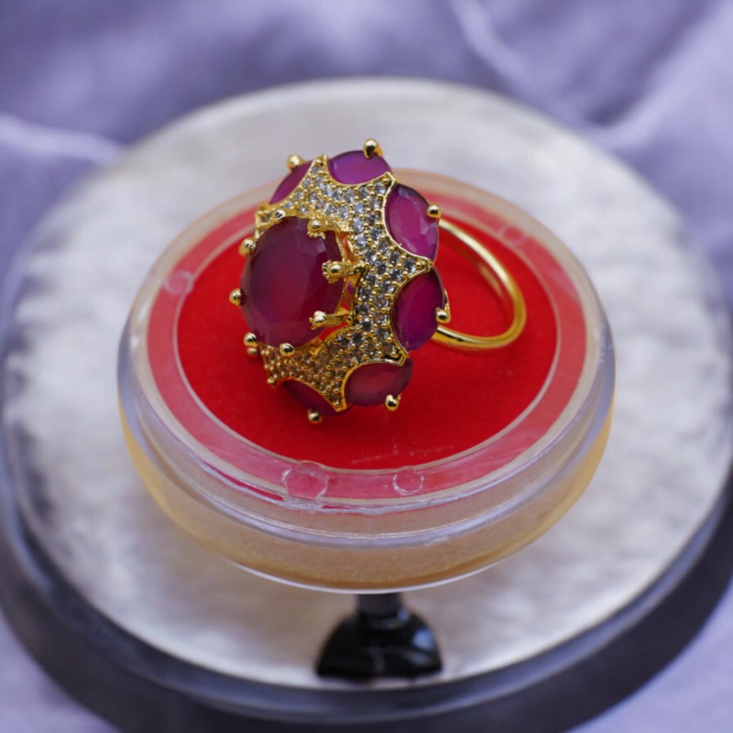 Flower Shape Ruby Color American Diamond Ring