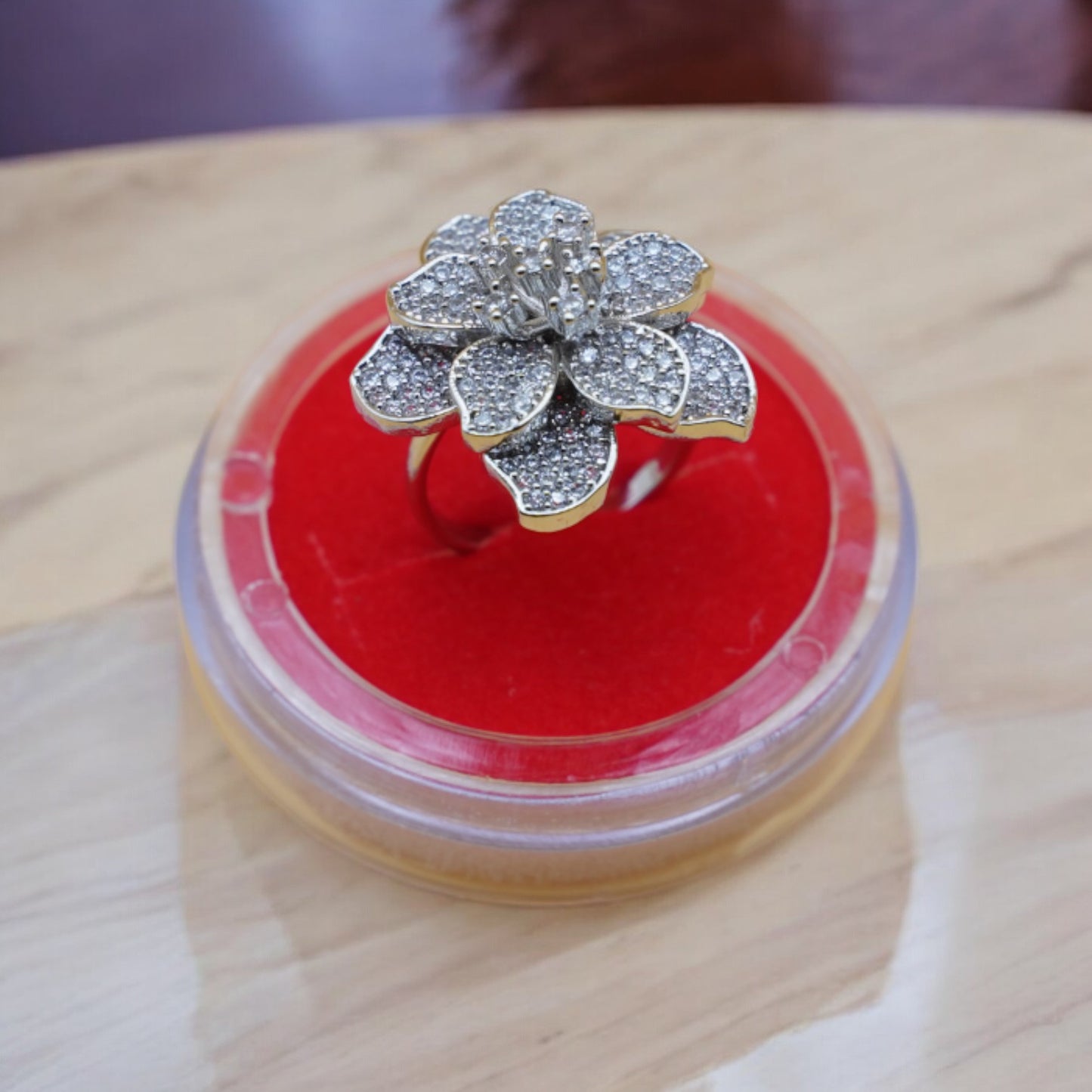 Silver Color Flower Shape American Diamond Ring