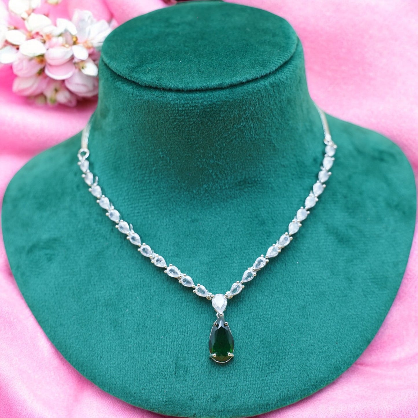 Green Color Necklace Set With American Diamond Stone