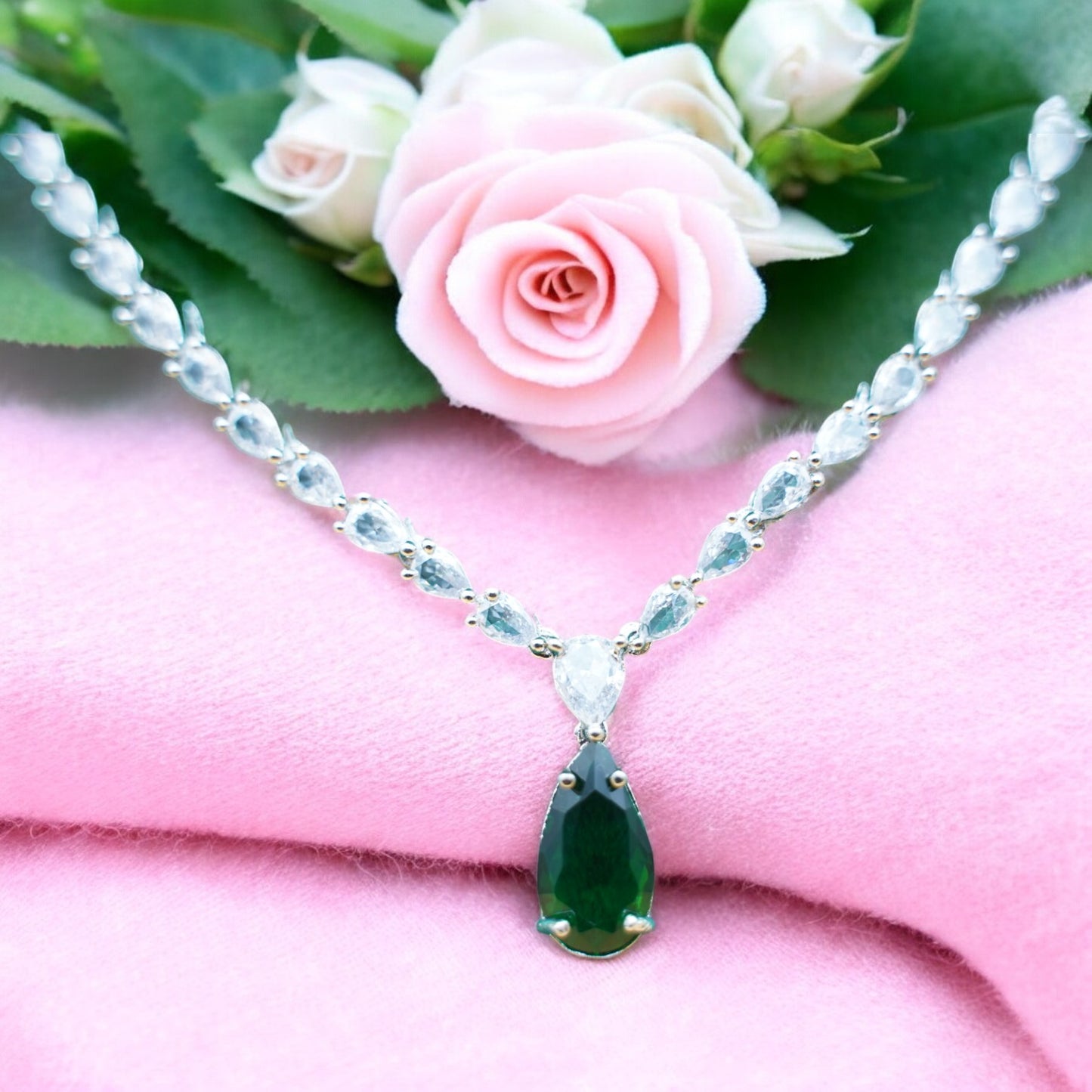 Green Color Necklace Set With American Diamond Stone