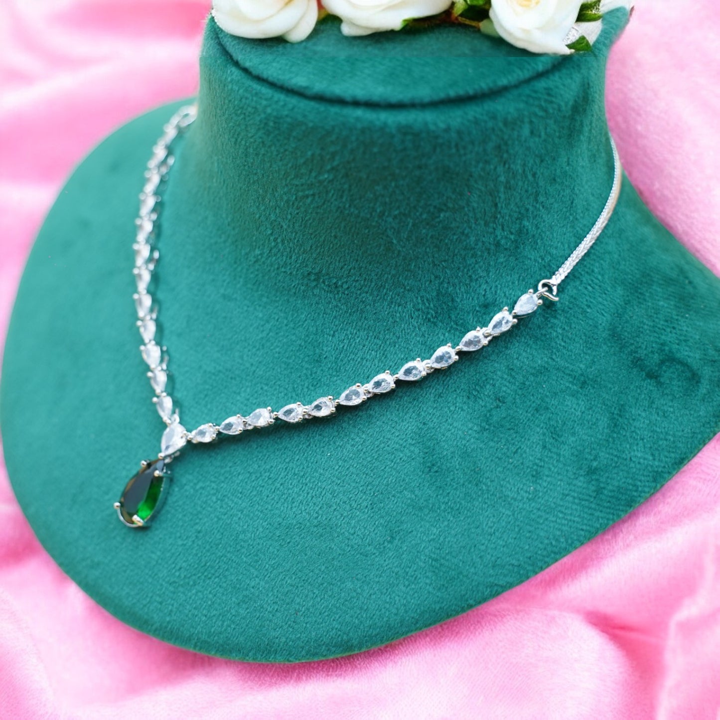 Green Color Necklace Set With American Diamond Stone