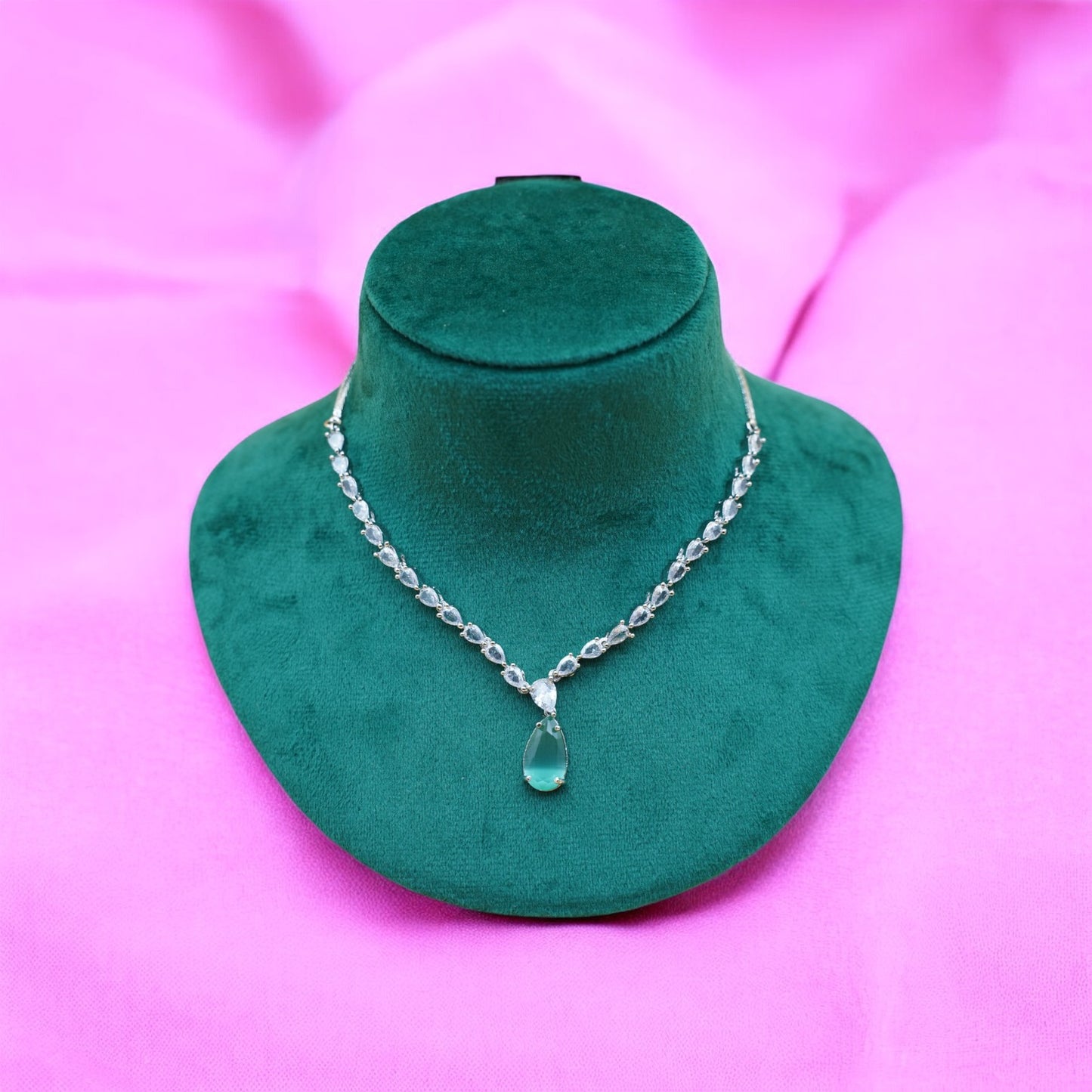 Sea Green Color Necklace Set With American Diamond Stone