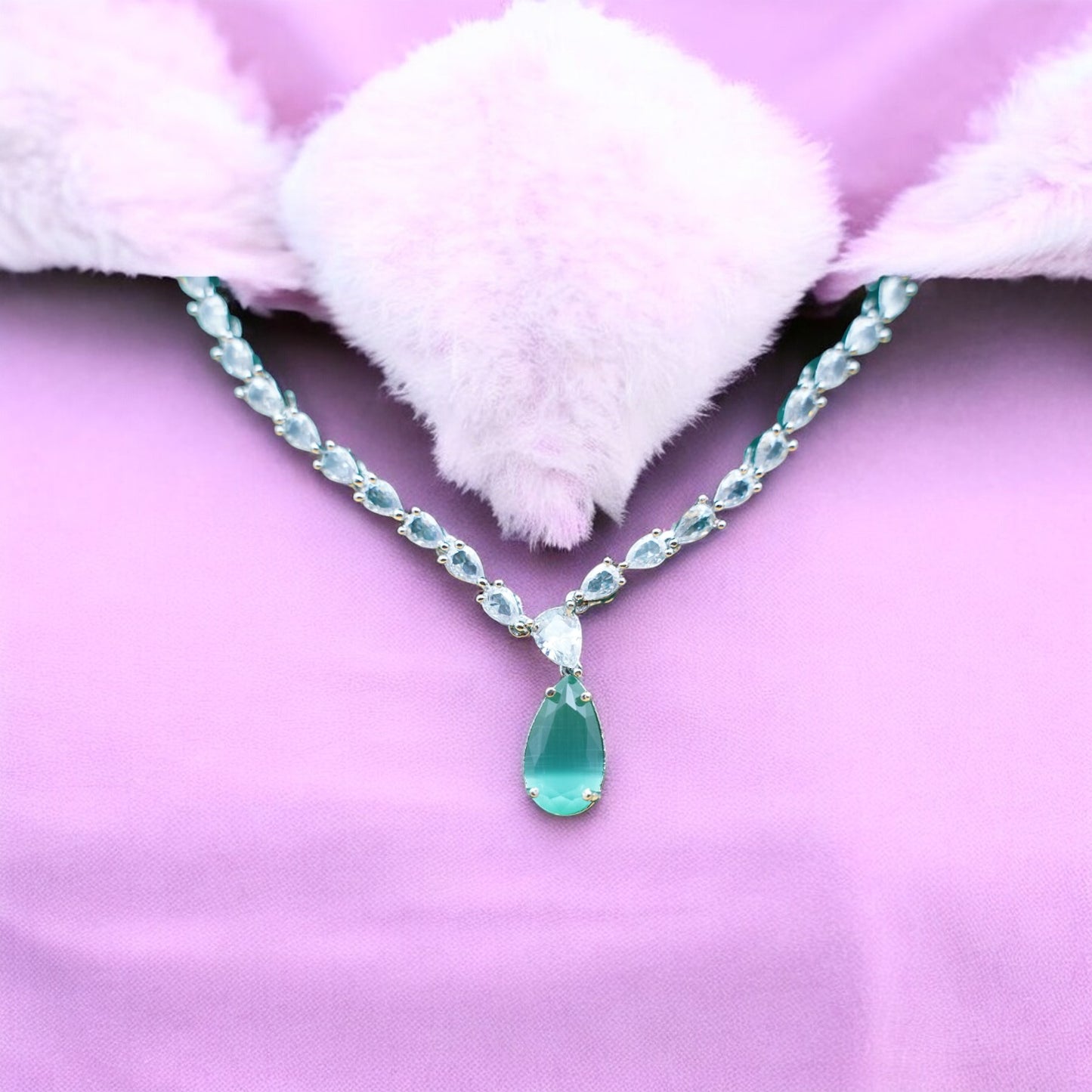 Sea Green Color Necklace Set With American Diamond Stone