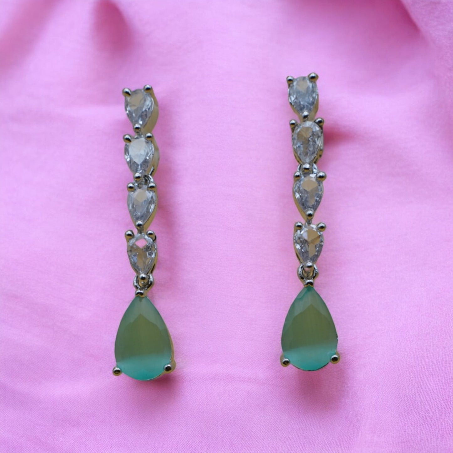 Sea Green Color Necklace Set With American Diamond Stone