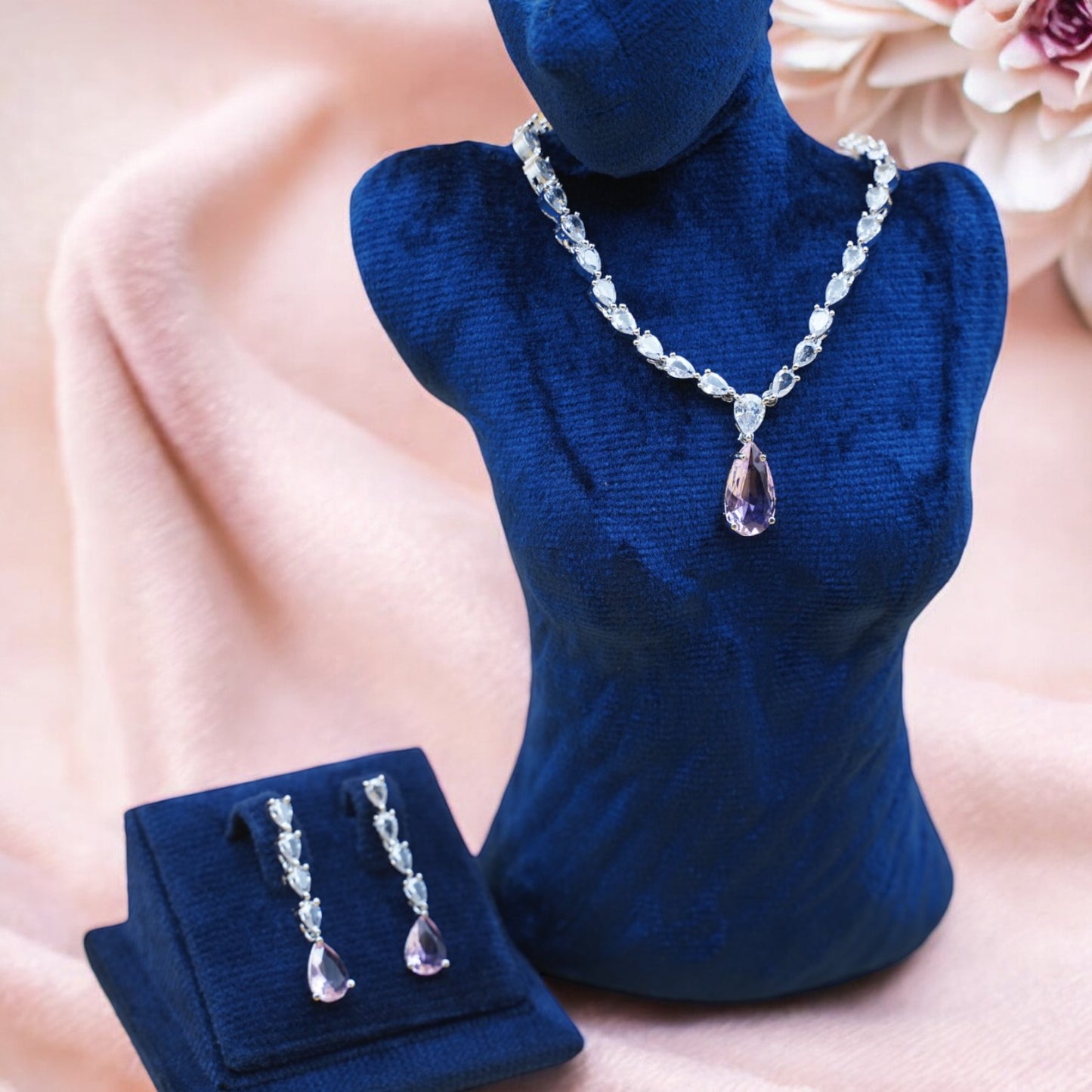 Pink Color Necklace Set With American Diamond Stone