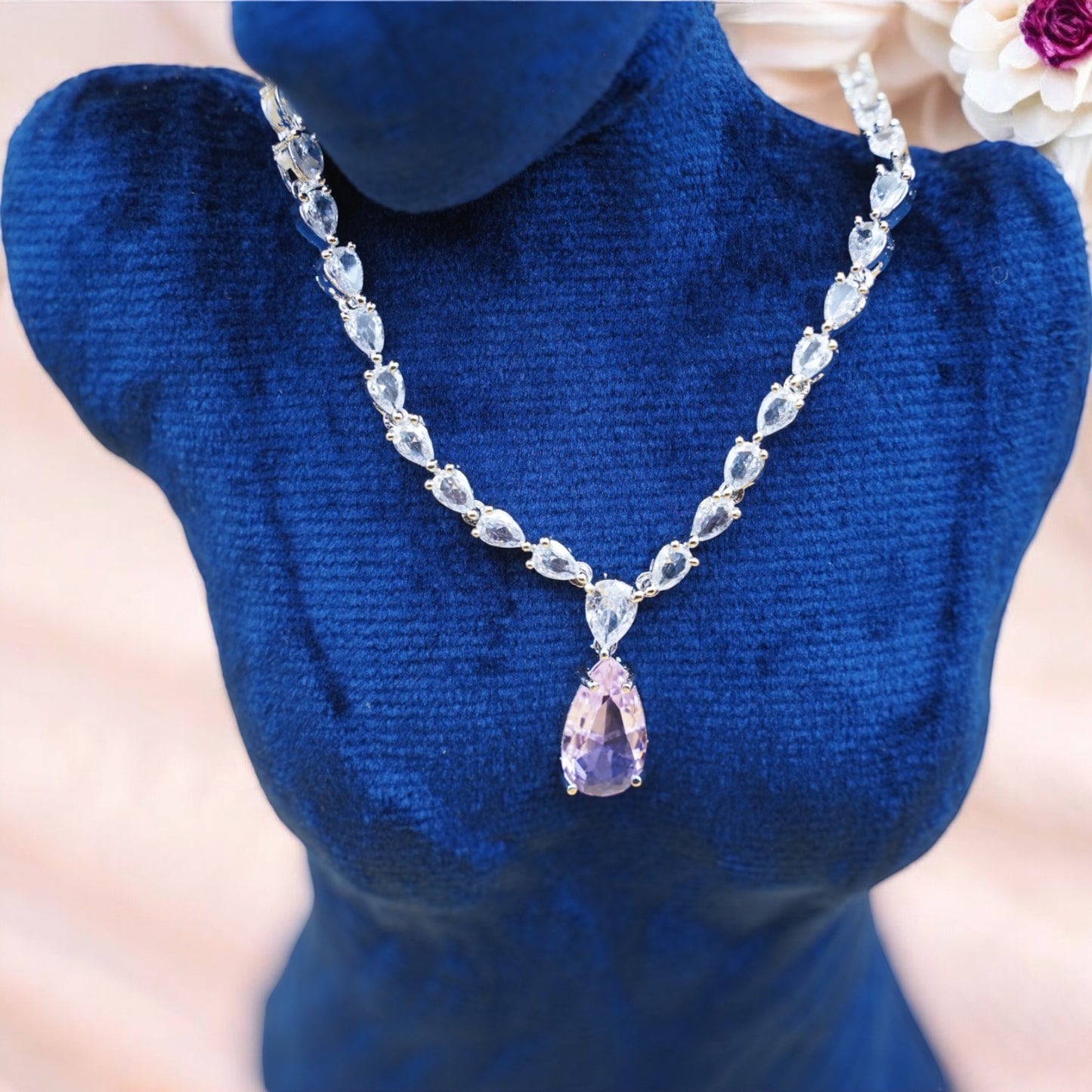 Pink Color Necklace Set With American Diamond Stone