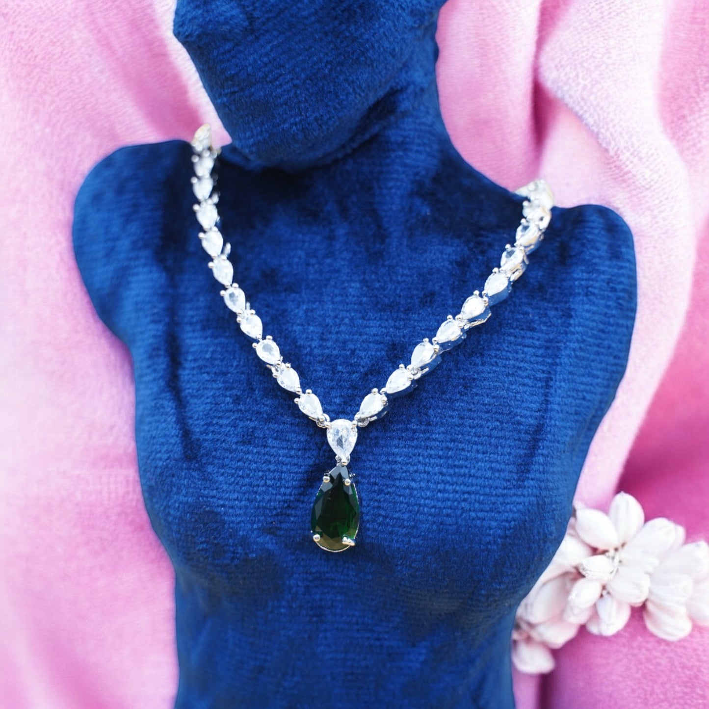 Green Color Necklace Set With American Diamond Stone