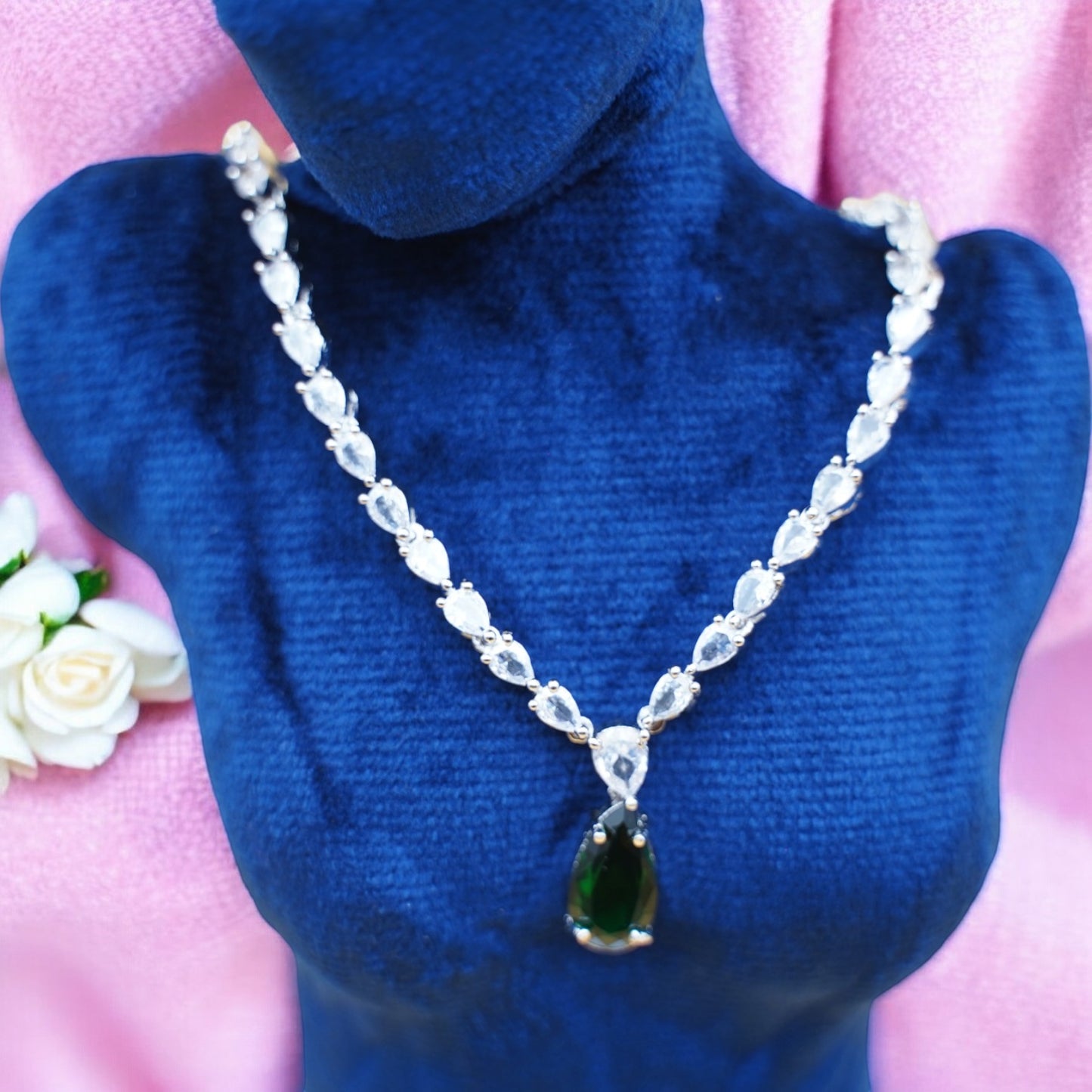 Green Color Necklace Set With American Diamond Stone