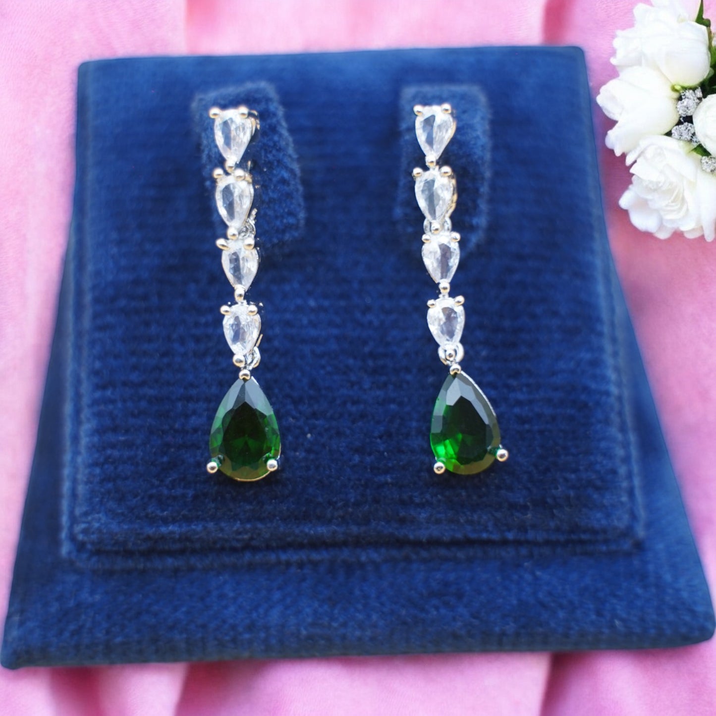 Green Color Necklace Set With American Diamond Stone