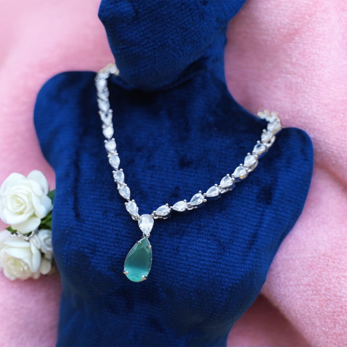 Sea Green Color Necklace Set With American Diamond Stone