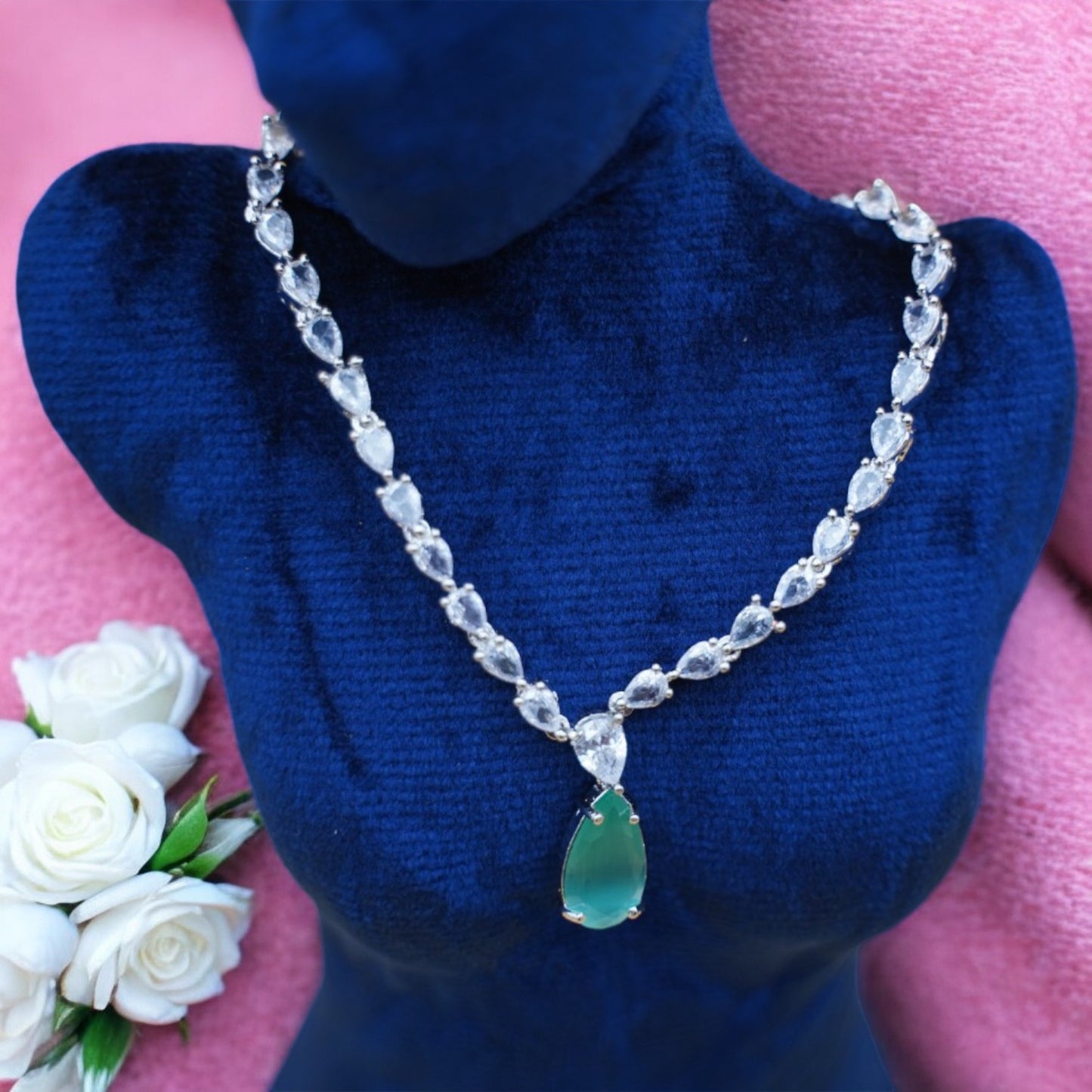 Sea Green Color Necklace Set With American Diamond Stone