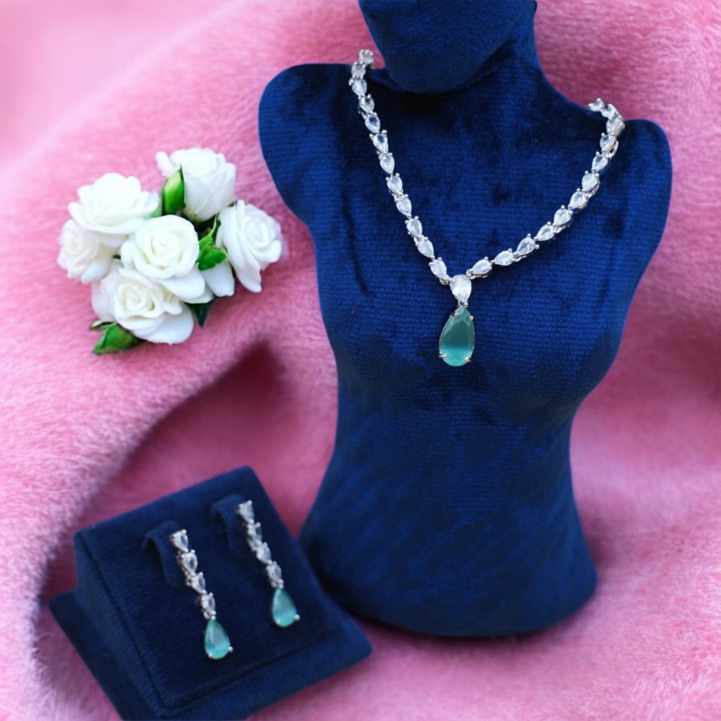 Sea Green Color Necklace Set With American Diamond Stone