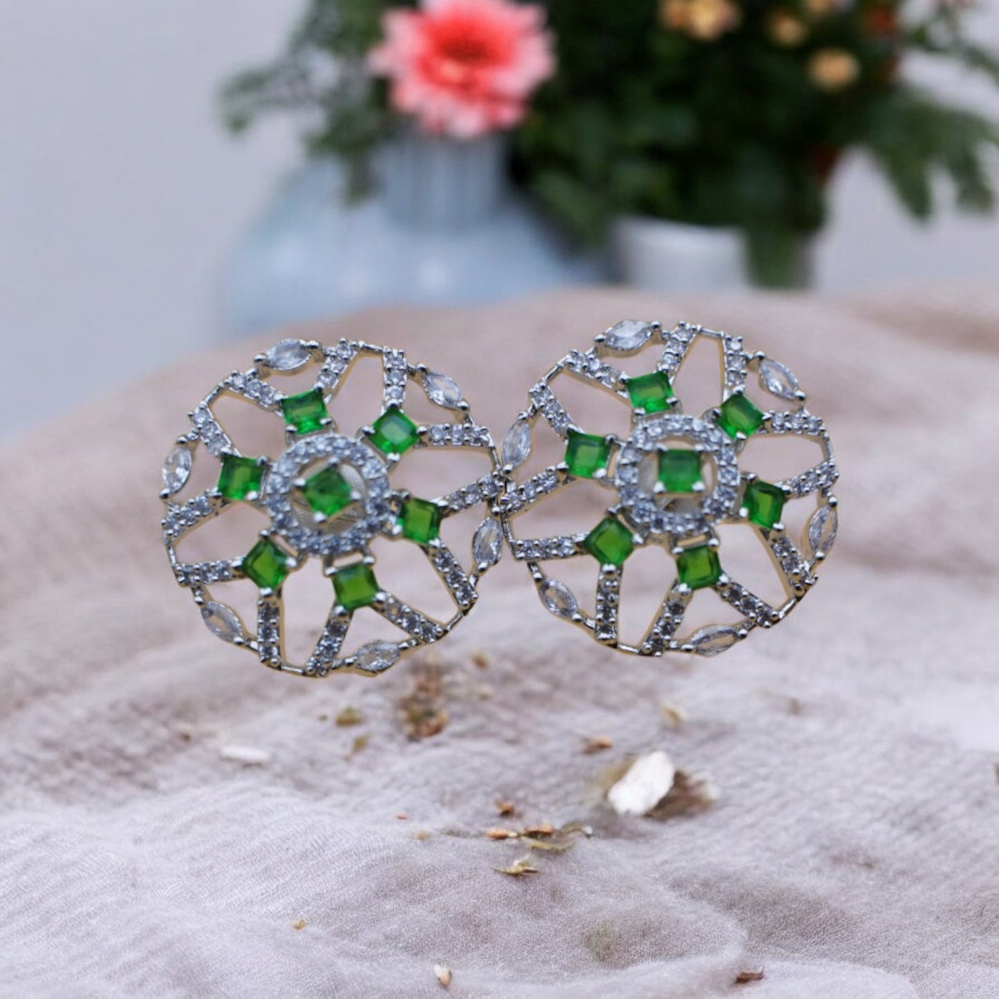 Silver Color Tops With Cubic Zirconia Green Stone