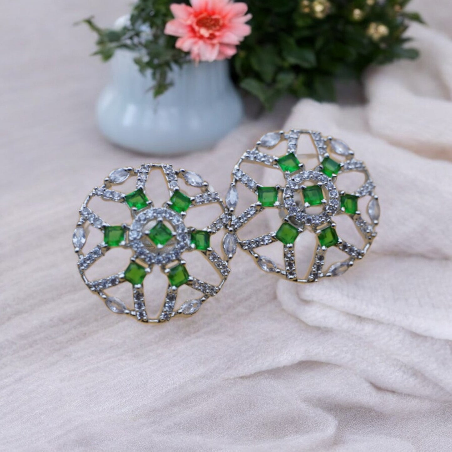 Silver Color Tops With Cubic Zirconia Green Stone