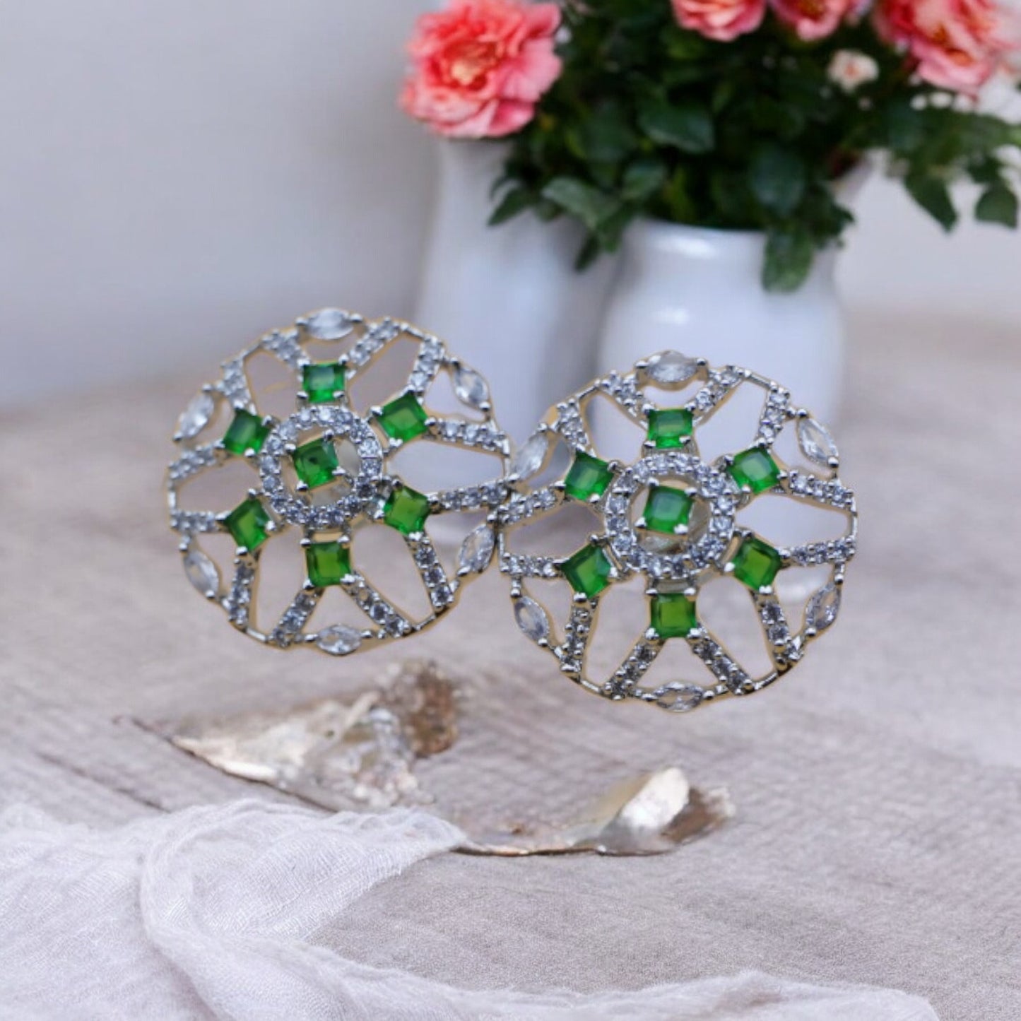 Silver Color Tops With Cubic Zirconia Green Stone