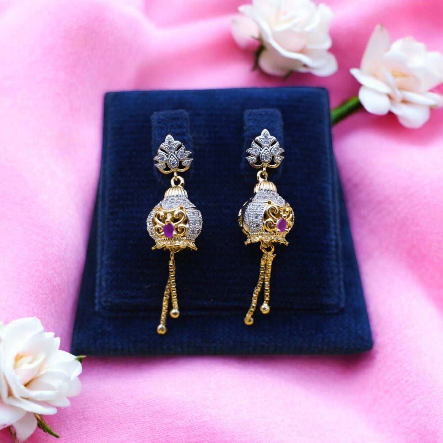 Fancy Jhumka Earrings With Pink Stone