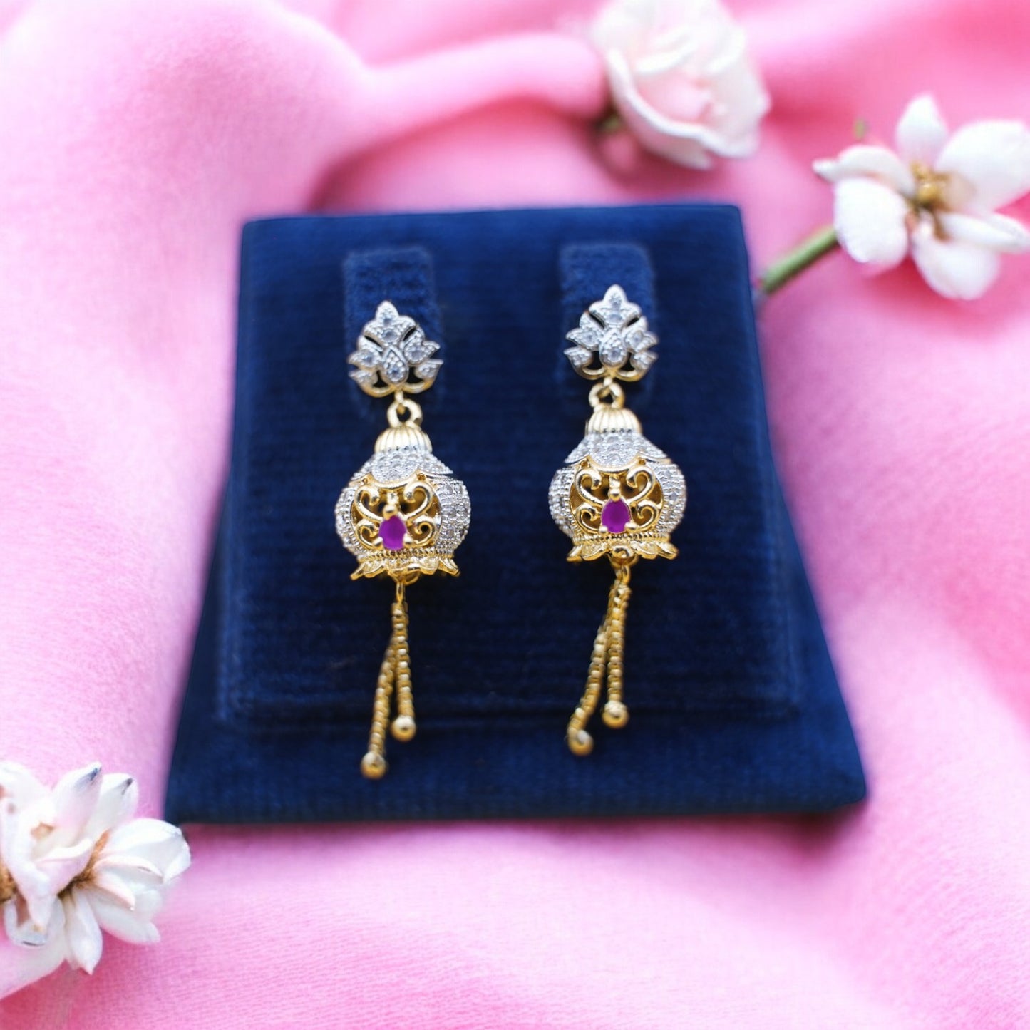 Fancy Jhumka Earrings With Pink Stone