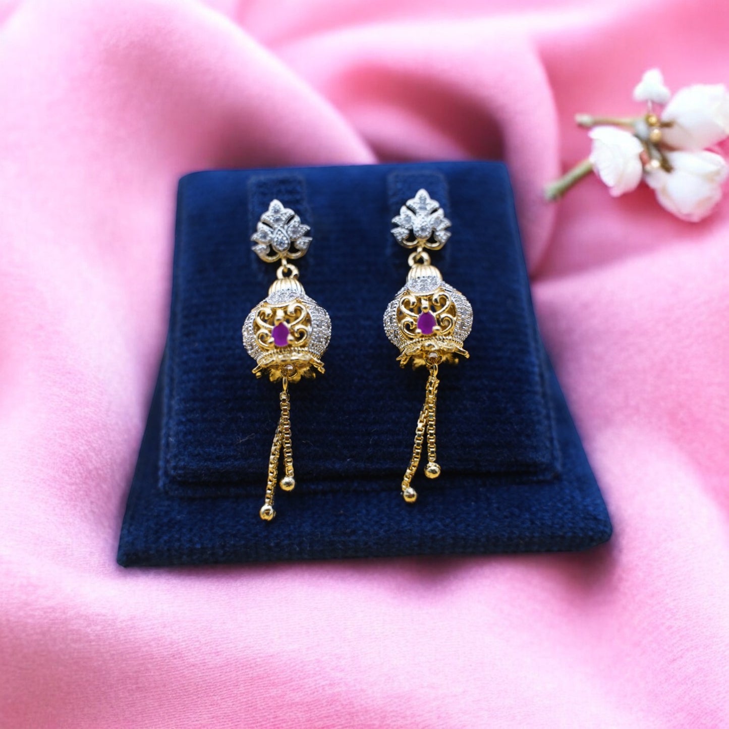 Fancy Jhumka Earrings With Pink Stone