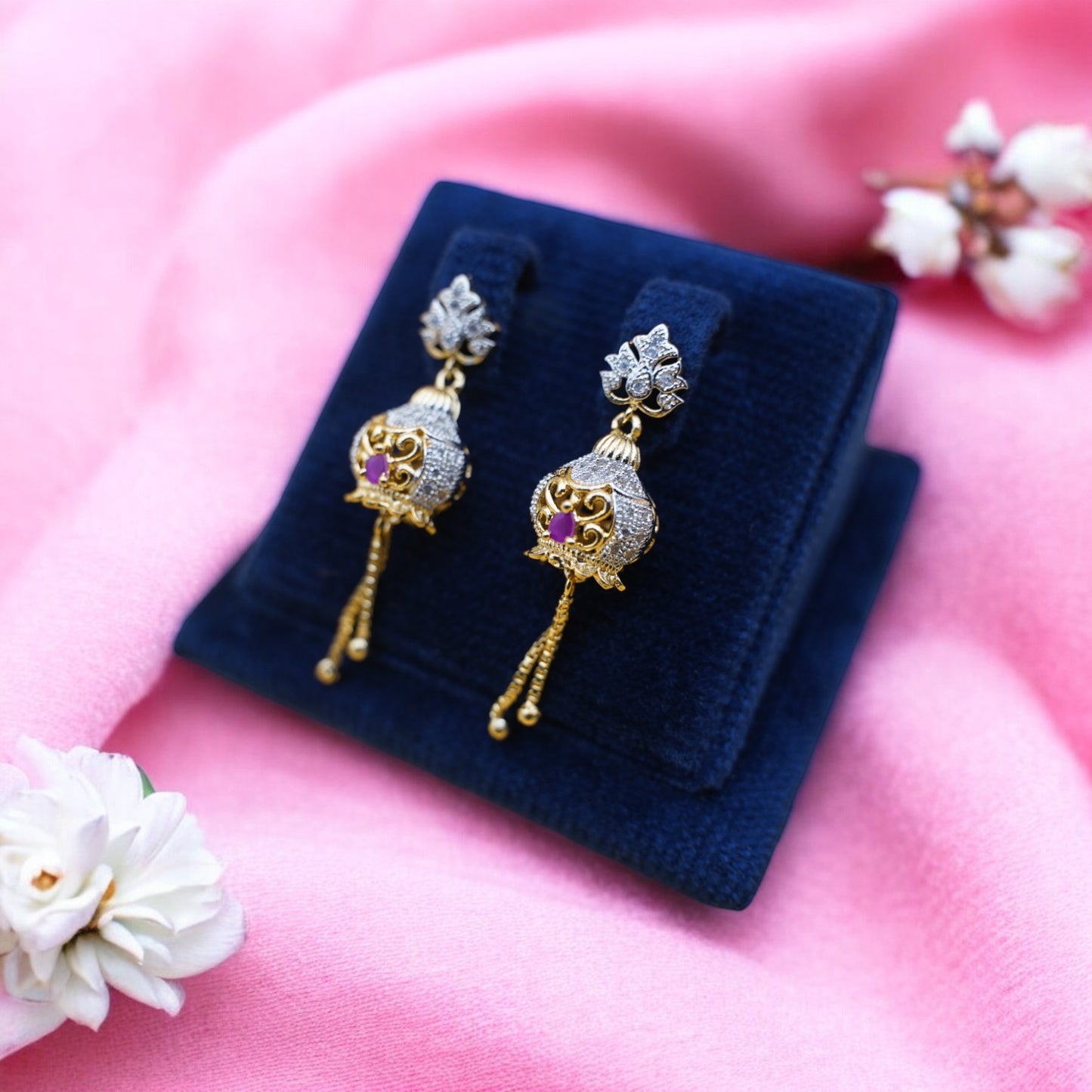 Fancy Jhumka Earrings With Pink Stone