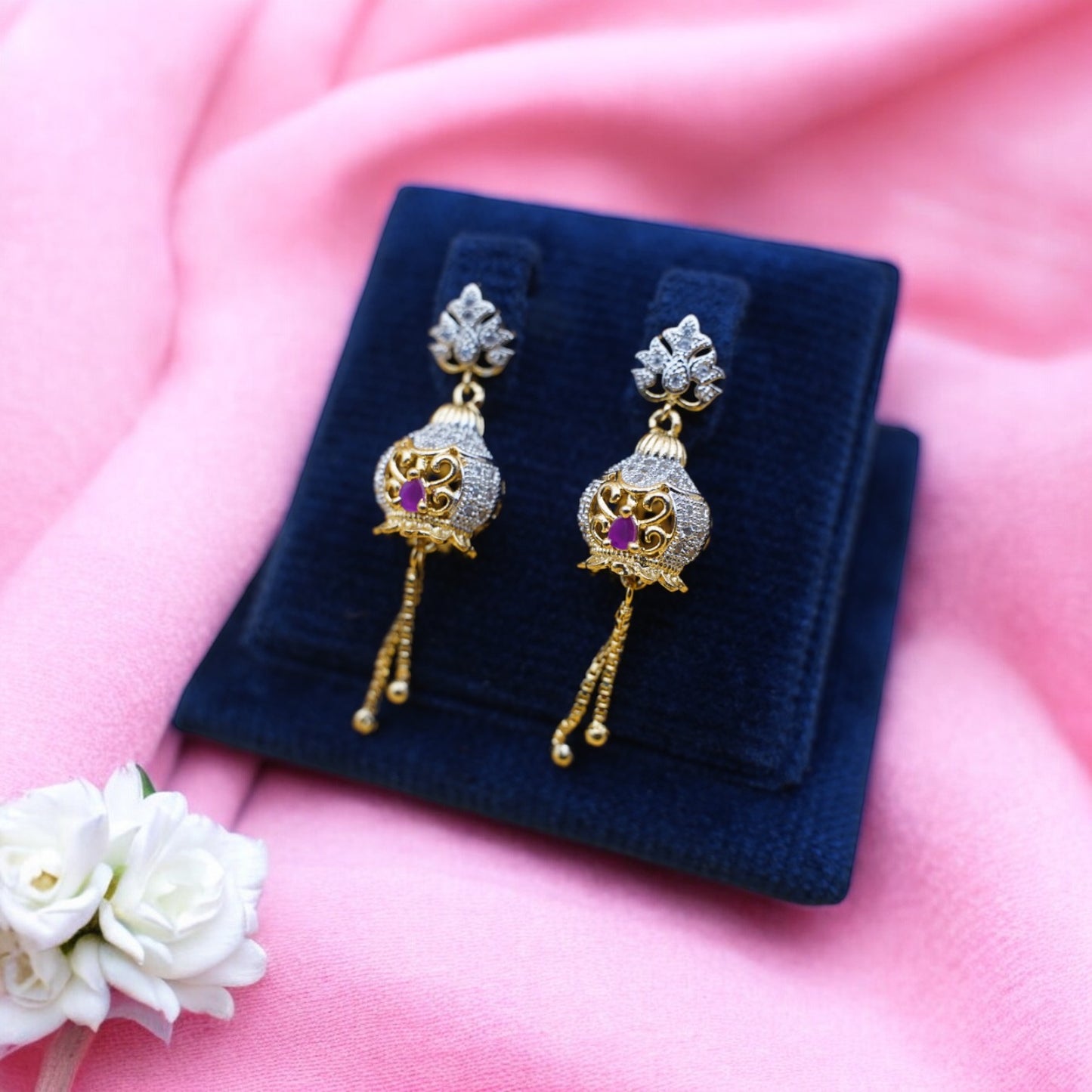 Fancy Jhumka Earrings With Pink Stone