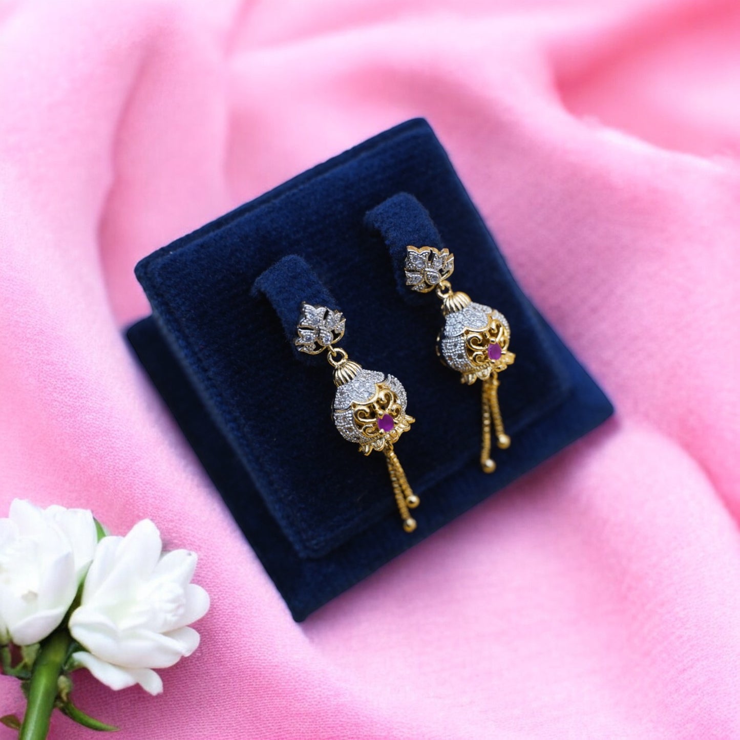 Fancy Jhumka Earrings With Pink Stone