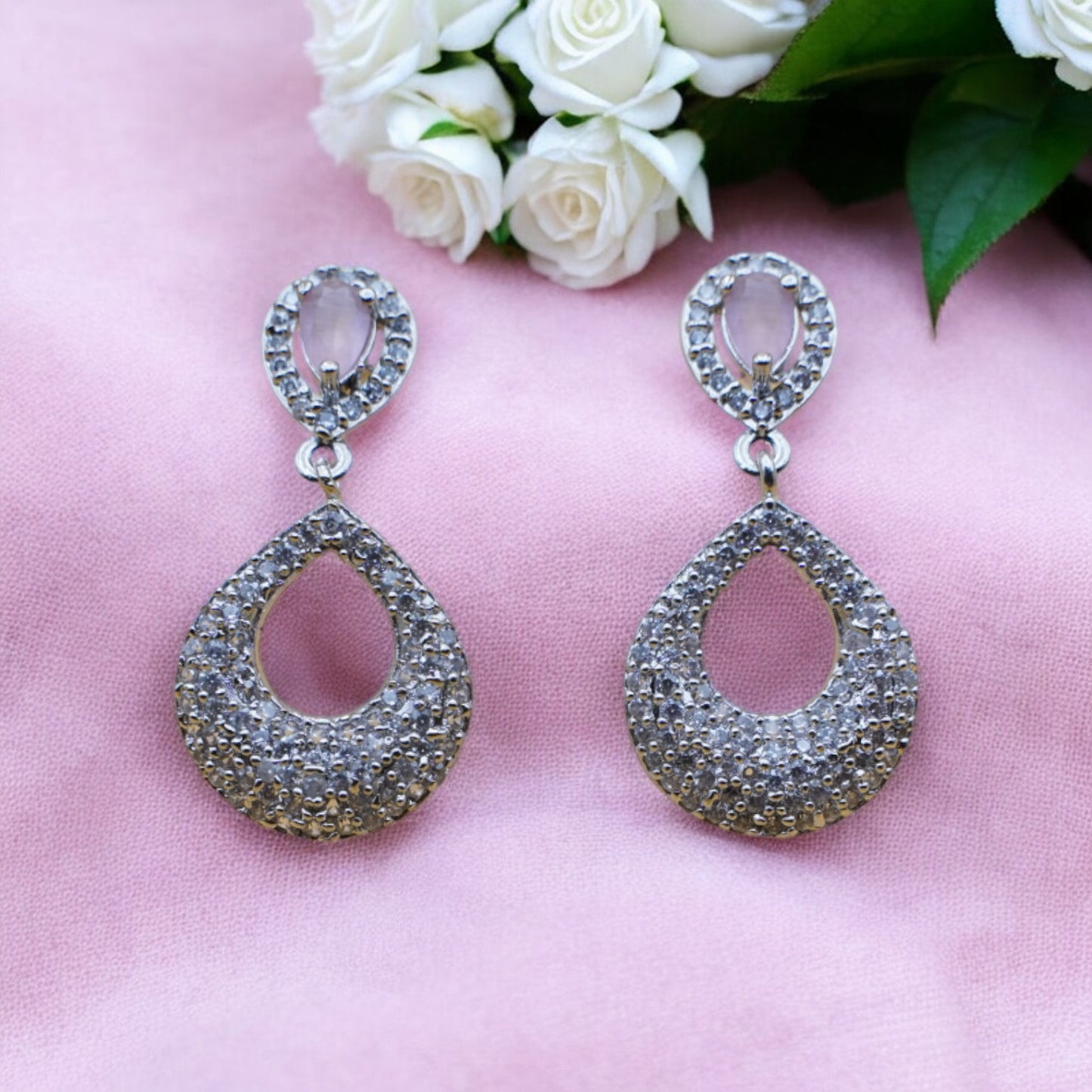 Pink Stone American Diamond Silver Color Earring