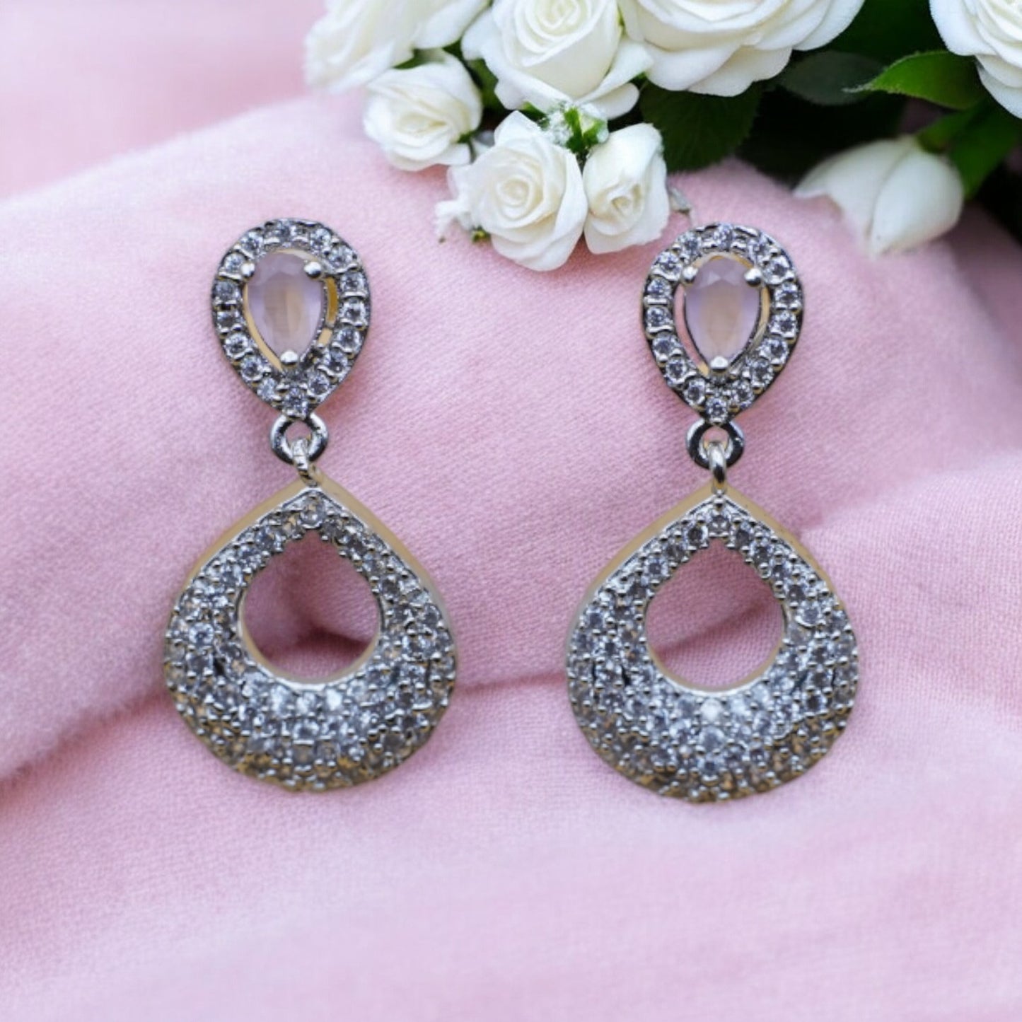 Pink Stone American Diamond Silver Color Earring