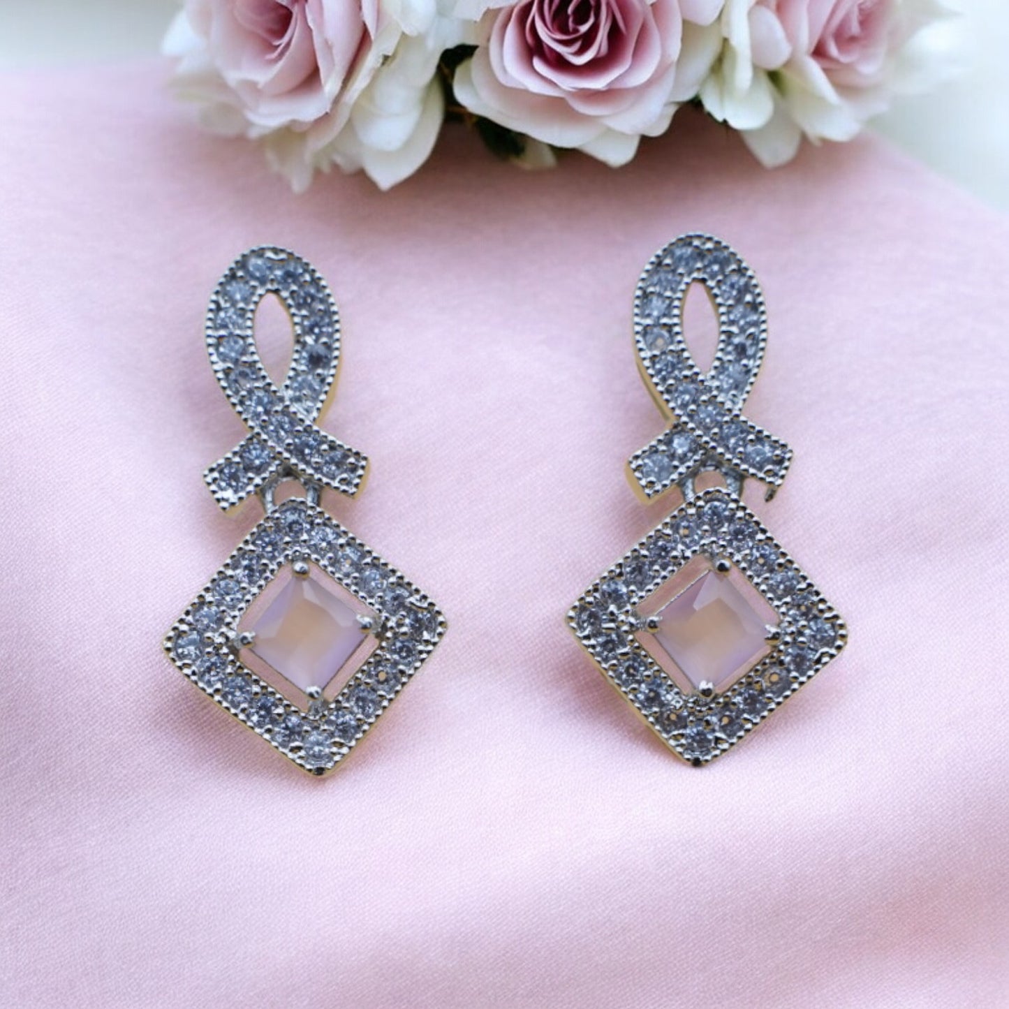 Square Shape Pink Stone American Diamond Earring