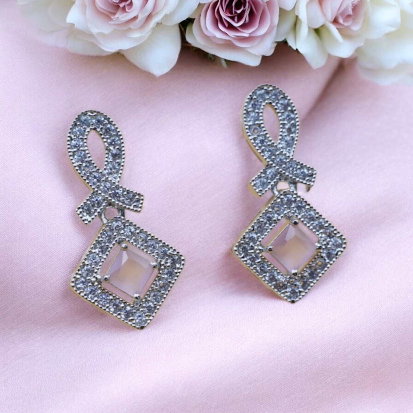 Square Shape Pink Stone American Diamond Earring