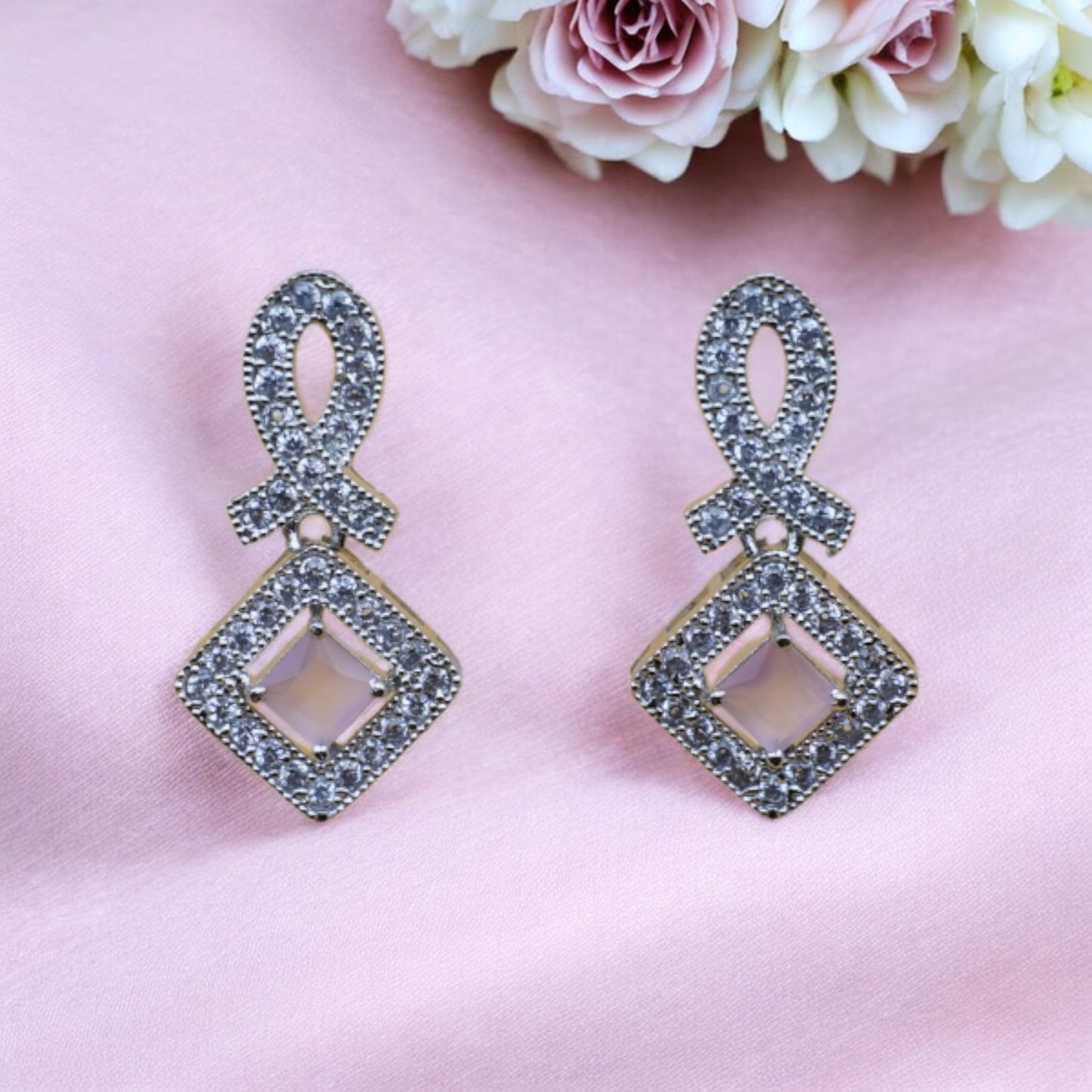 Square Shape Pink Stone American Diamond Earring