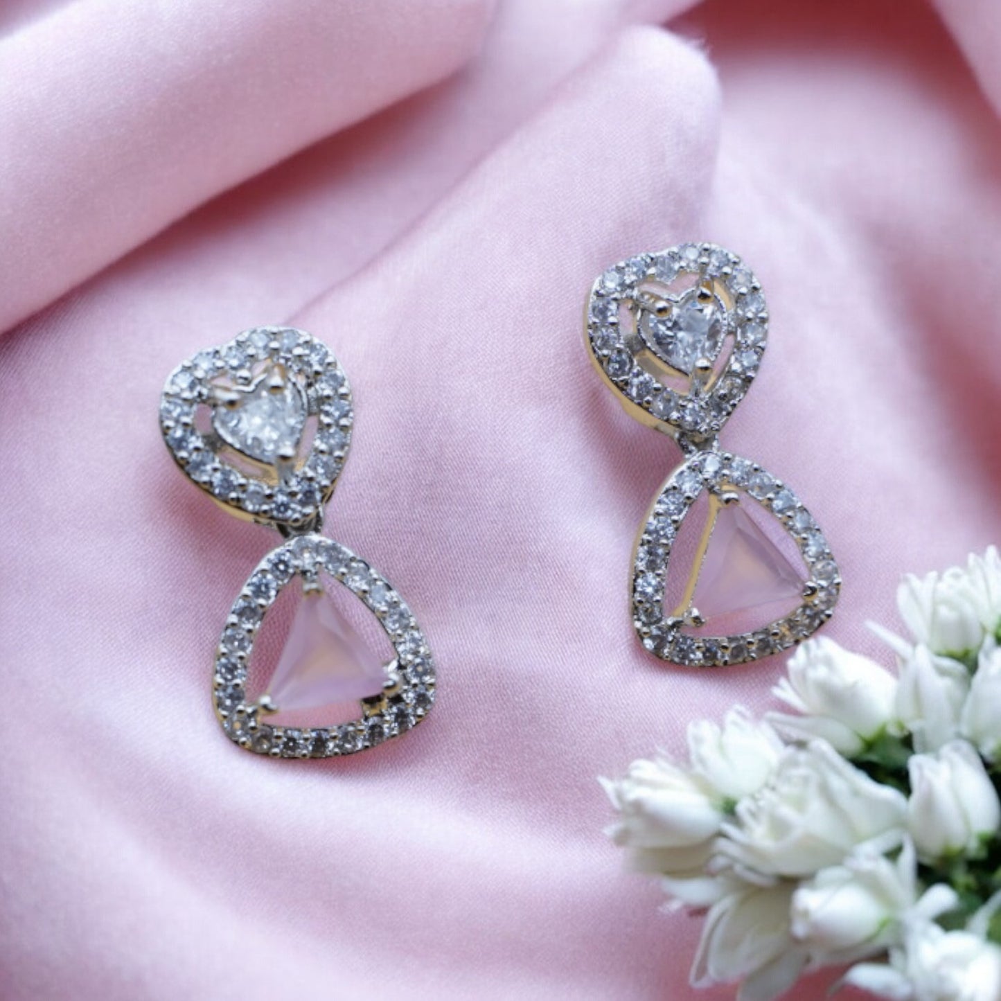 Heart Shape Pink Stone American Diamond Earring