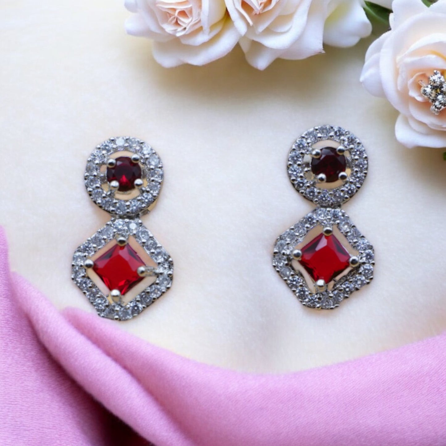 Square Shape Red Stone American Diamond Earring