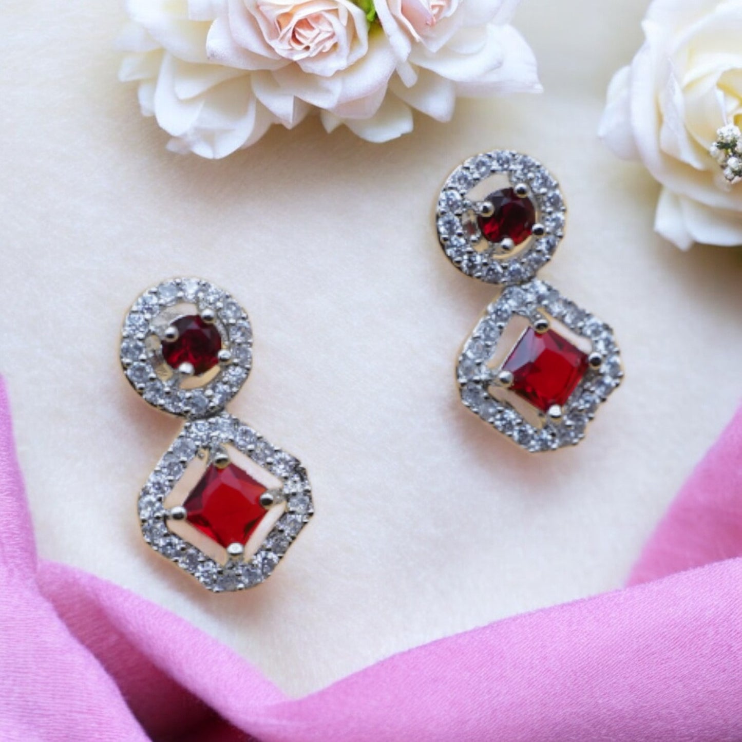 Square Shape Red Stone American Diamond Earring