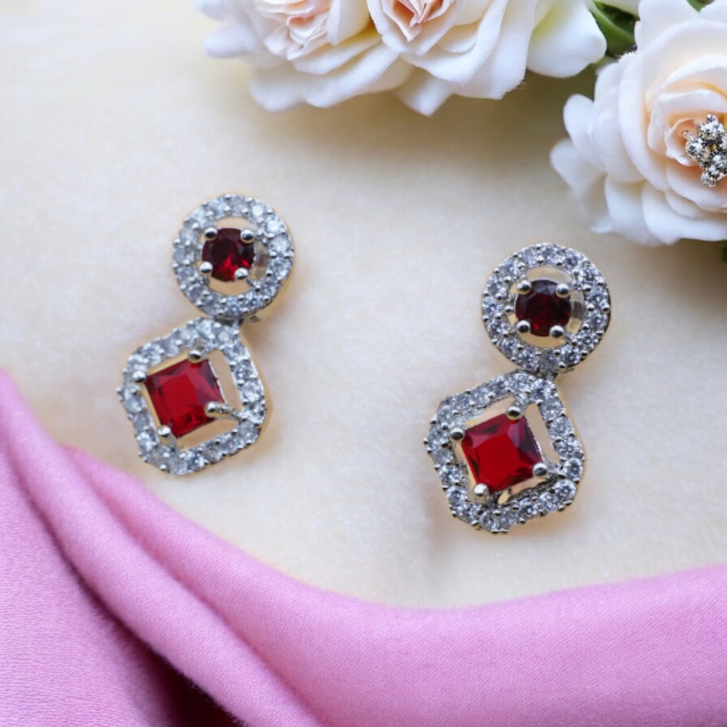 Square Shape Red Stone American Diamond Earring