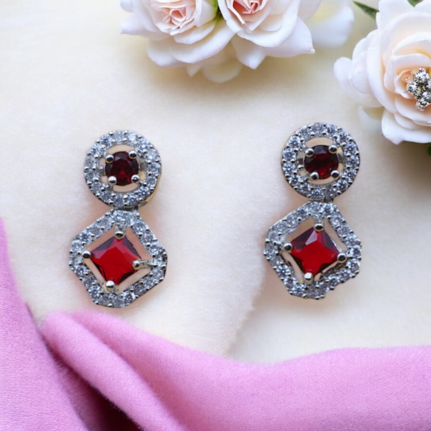 Square Shape Red Stone American Diamond Earring