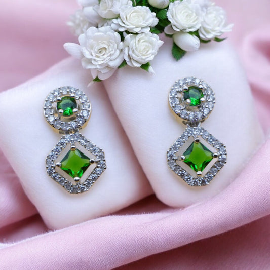 Square Shape Green Stone American Diamond Earring