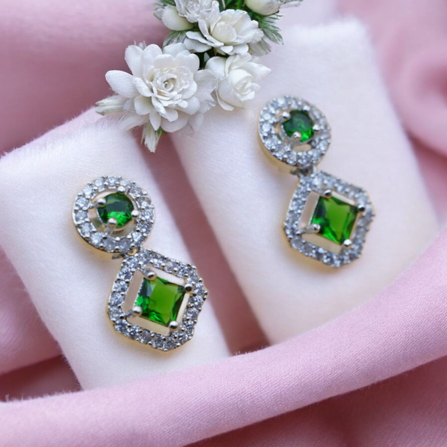 Square Shape Green Stone American Diamond Earring