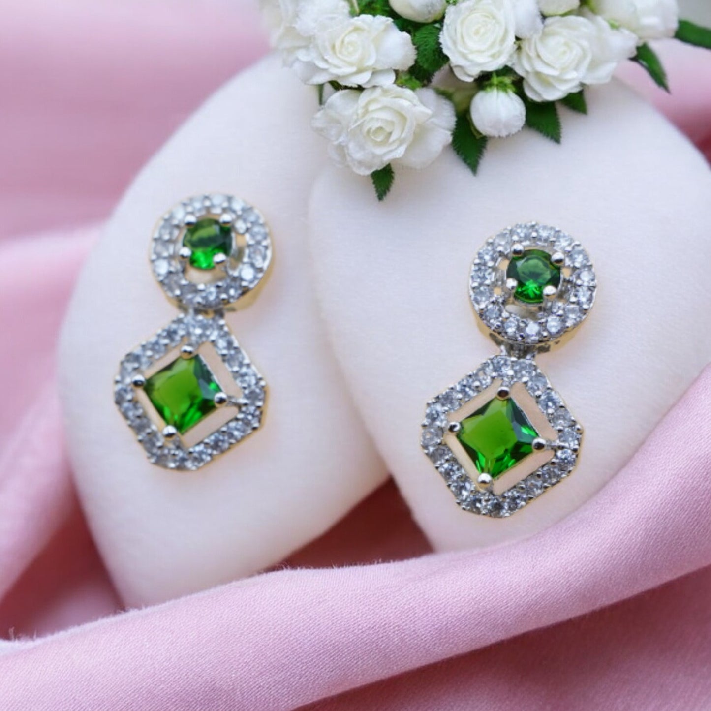 Square Shape Green Stone American Diamond Earring