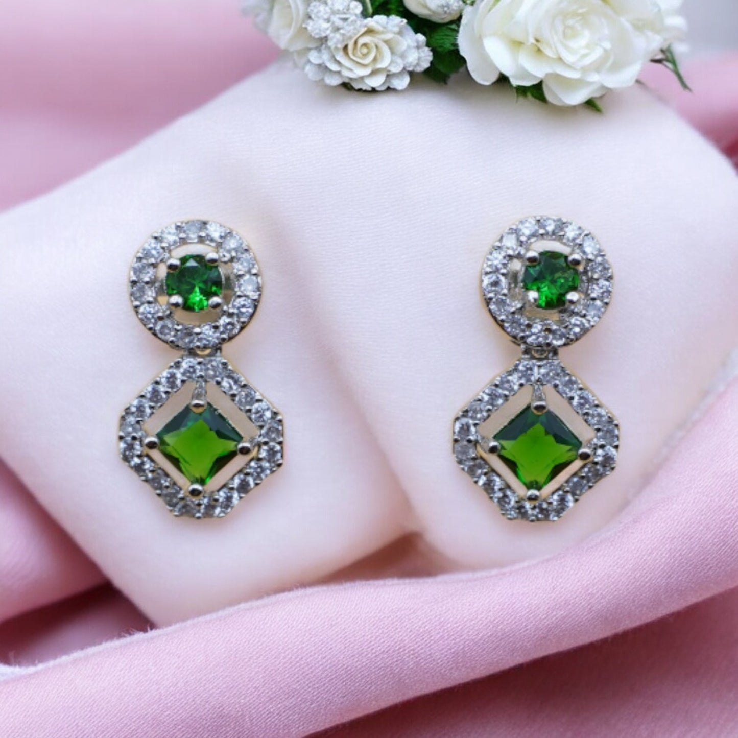 Square Shape Green Stone American Diamond Earring