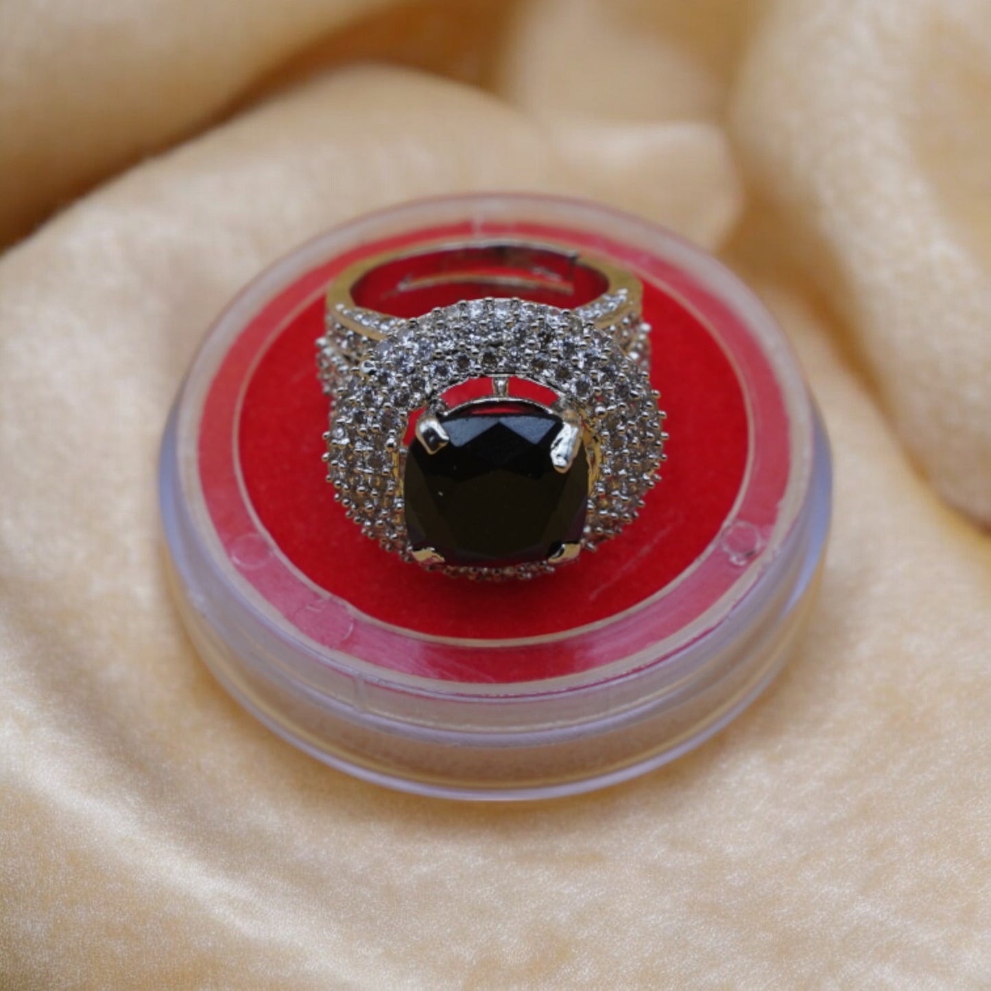 Round Plate Black Stone American Diamond Ring