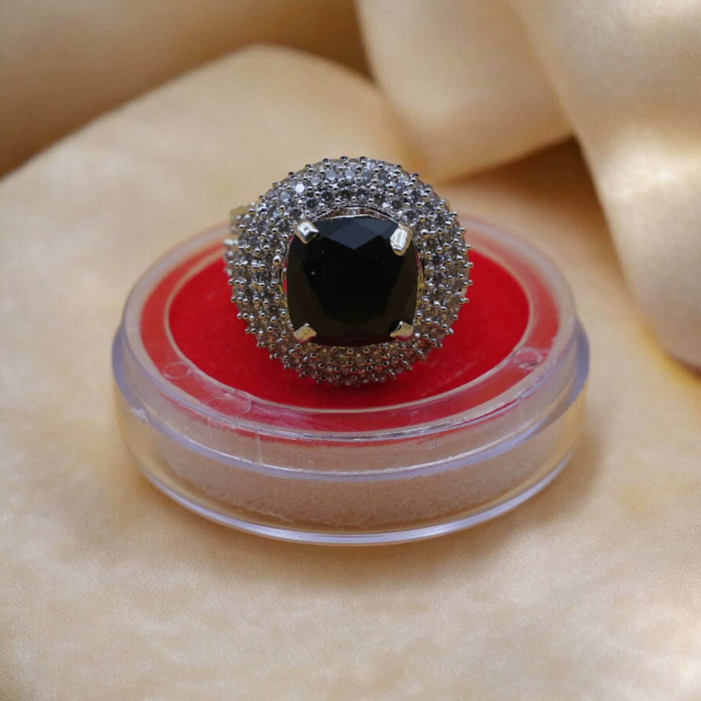 Round Plate Black Stone American Diamond Ring