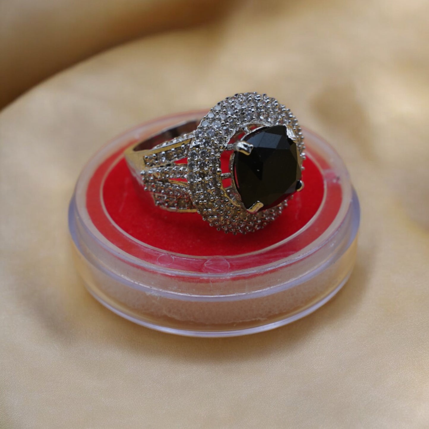 Round Plate Black Stone American Diamond Ring