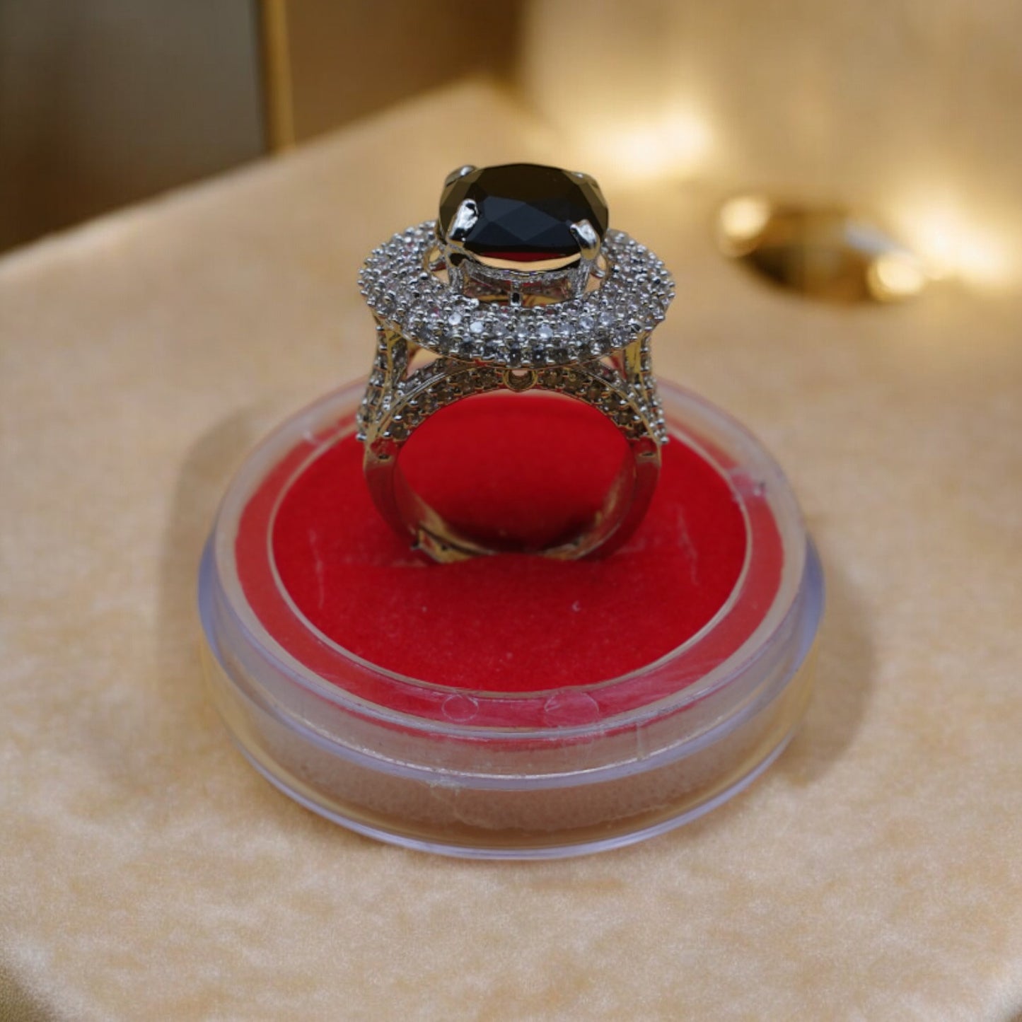 Round Plate Black Stone American Diamond Ring